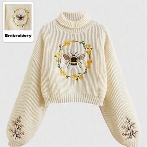 ROMWE Cream Sweater with Bee and Floral Embroidery